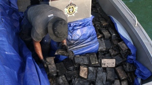 In this undated photo provided by the Australian Federal Police, an officer gathers packages of cocaine found on a yacht in Port Vila, Vanuatu. (AP  / Australian Federal Police)