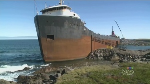 The shipwrecked MV Miner is shown off the coast of Scatarie Island, N.S.