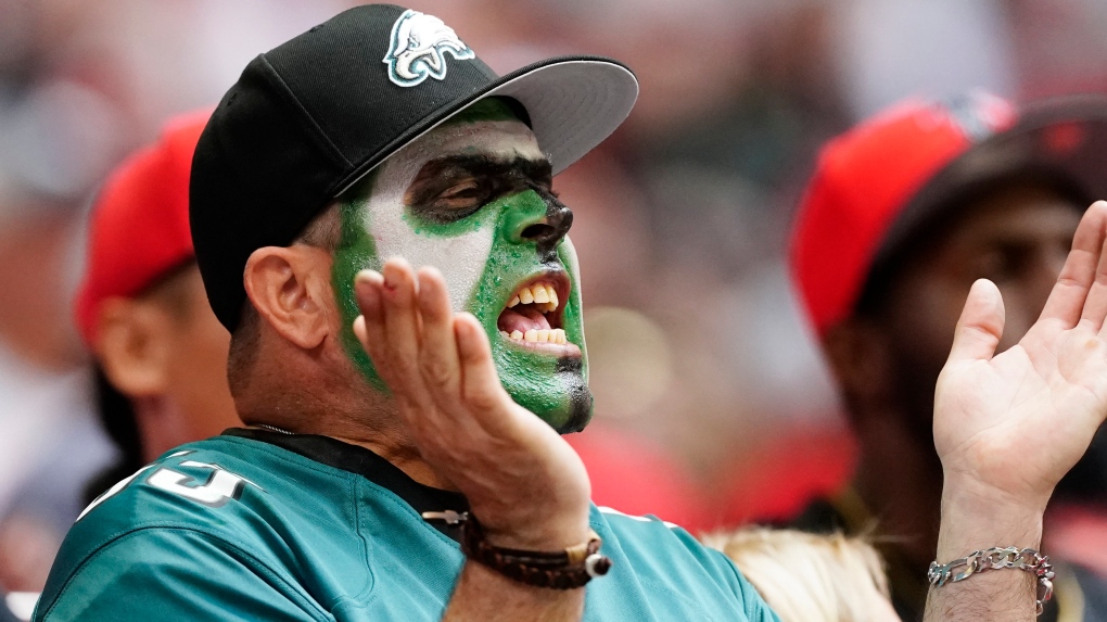 An Atlanta Falcons fans cheers in the first half of an NFL