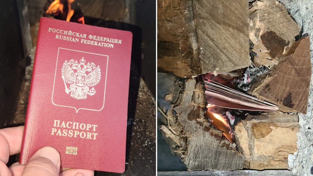 Ont. business owner burns Russian passport following country's invasion of Ukraine