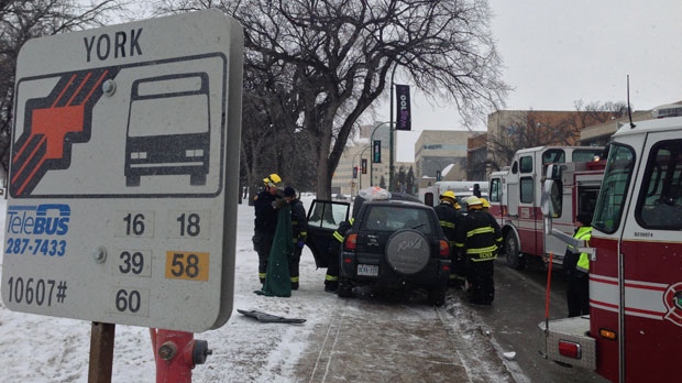 A two-car collision on Osborne St. tied up traffic this afternoon and sent one person to hospital.