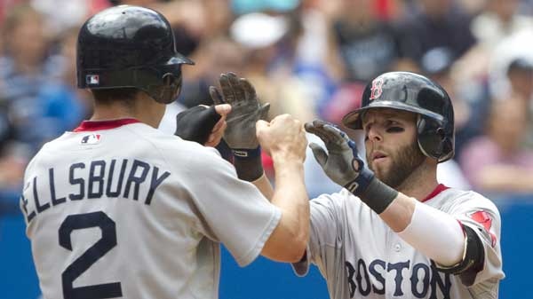 Boston Red Sox Dustin Pedroia, right, and Jacoby Ellsbury celebrate Pedroia's two-run home run in the fifth inning of MLB baseball action against the Toronto Blue Jays in Toronto Sunday, June 12, 2011. (Darren Calabrese / THE CANADIAN PRESS)