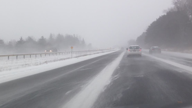 Snow squalls along Highway 400. (CTV News)