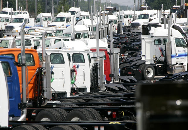 Rows of new trucks sit on a lot at the Sterling Truck Plant in St.Thomas, Ont., Thursday, July 17, 2008. (Dave Chidley / THE CANADIAN PRESS)