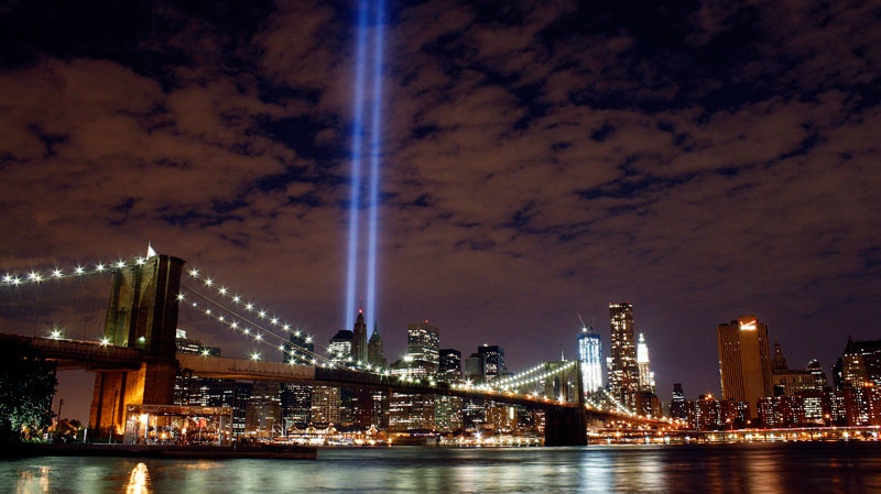 The Tribute in Light rises over the Brooklyn Bridge and lower Manhattan in New York, Saturday, Sept. 10, 2011. (AP / Peter Lennihan)