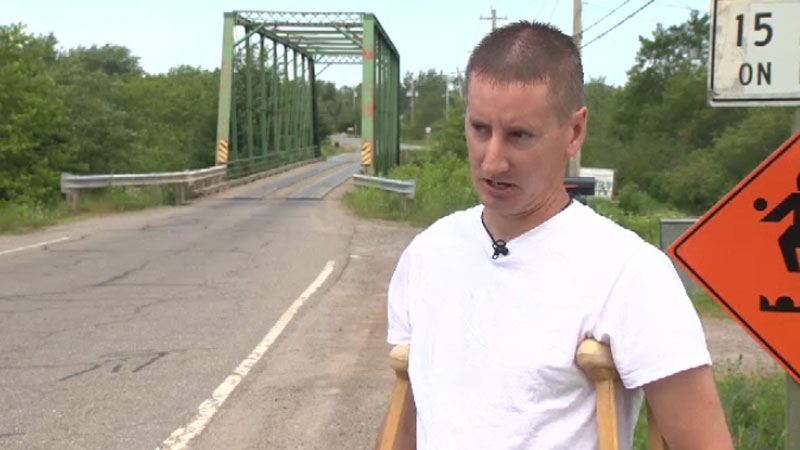 Todd Sawler says he injured his leg after crashing his motorcycle on the Hyde Bridge along Highway 227, leaving him unable to work as a paramedic.