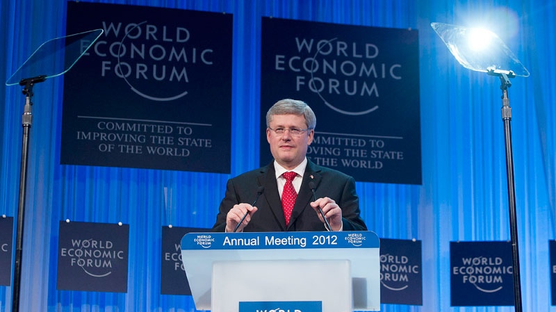 Stephen Harper speaks during a plenary session at the 42nd Annual Meeting of the World Economic Forum in Davos, Switzerland, on Jan. 26, 2012. (AP /Keystone, Jean-Christophe Bott)