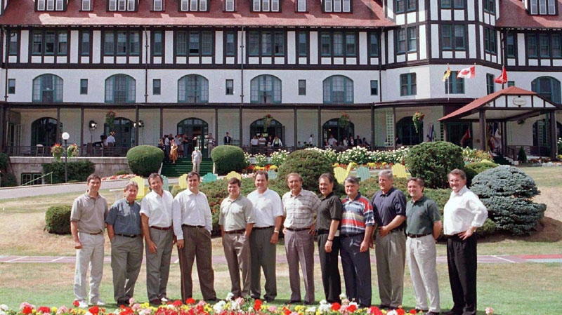 Canadian premiers pose for a group photograph in front of the historic Algonquin Hotel at the annual premiers' conference in St. Andrews, N.B. on Thursday, Aug.7, 1997. The future of a landmark hotel in the Maritimes with a guest list that has included luminaries from Canadian politics, a U.S. president and a glamorous princess is up in the air.