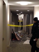 Toronto Fire Services say the impact from the blast blew out the elevator doors of the building. A man has been taken to hospital with minor burns. (Sophia Sidiropoulos/CP24 viewer)