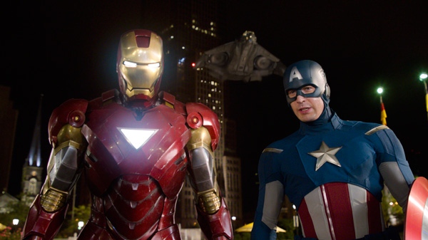 Robert Downey Jr. and Chris Evans are seen in a scene from Walt Disney Studios Motion Pictures' 'The Avengers.'