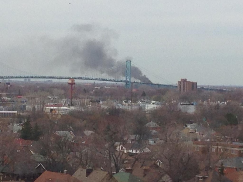 Smoke can be seen billowing from the Ambassador Bridge due to a vehicle fire on Tuesday, April 14, 2015. (Rich Garton / CTV Windsor)