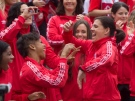 Canadian national women's soccer team goalkeeper Karina LeBlanc, left, of Maple Ridge, B.C., and captain Christine Sinclair, of Burnaby, B.C., joke around during the announcement of the roster for the 2015 FIFA Women's World Cup, in Vancouver, B.C., on Monday, April 27, 2015. (The Canadian Press/Darryl Dyck)