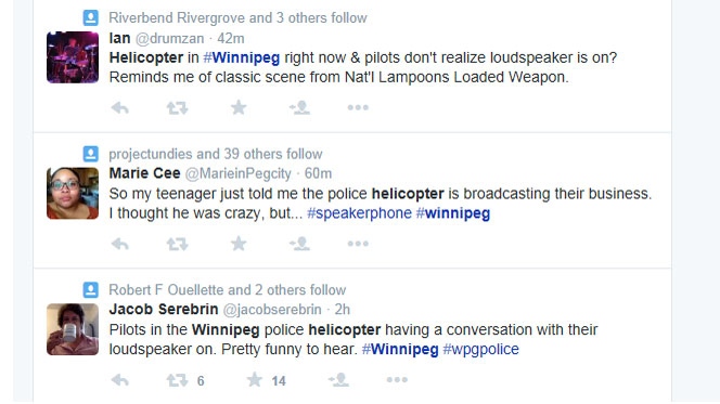 Winnipeg Police are investigating tweets claiming their helicopter was broadcasting a sexual conversation Monday night.