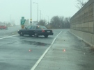 Police say an unmarked OPP cruiser was rear-ended on the E.C. Row off-ramp near Huron Church on Monday, March 14, 2016. (Michelle Maluske / CTV Windsor)