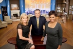 Canada AM co-hosts Bev Thomson, left, Jeff Hutcheson and Marci Ien are shown on the morning show set.