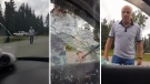 Video posted online shows a man, who identified himself as Dennis Tissington, smashing out windows of a man's car. Composite image.
