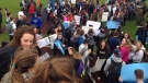 Students at St. Anne Catholic High School walk out to protest strike of support workers in Belle River, Ont., on Friday, Oct. 21, 2016. (Rich Garton / CTV Windsor) 