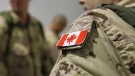 The Canadian flag is seen on the shoulder of a soldier waiting to board an Airbus CC-150 Polaris at CFB Trenton in Trenton, Ont., on Oct. 16, 2014. (The Canadian Press/Lars Hagberg)