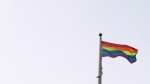 A Pride flag is raised during a ceremony at Queen's Park in Toronto on Monday, June, 23, 2014. (THE CANADIAN PRESS/Michelle Siu)