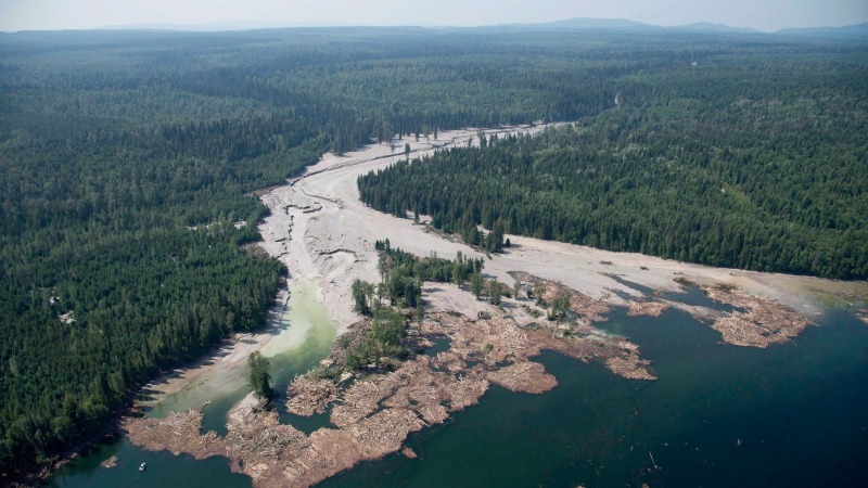 Contents from a tailings pond is pictured going down the Hazeltine Creek into Quesnel Lake near the town of Likely, B.C. on August, 5, 2014. (Jonathan Hayward / The Canadian Press)