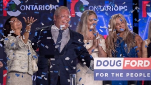 Ontario PC leader Doug Ford, second left, reacts with his family after winning the Ontario Provincial election to become the new premier in Toronto, on Thursday, June 7, 2018. THE CANADIAN PRESS/Nathan Denette
