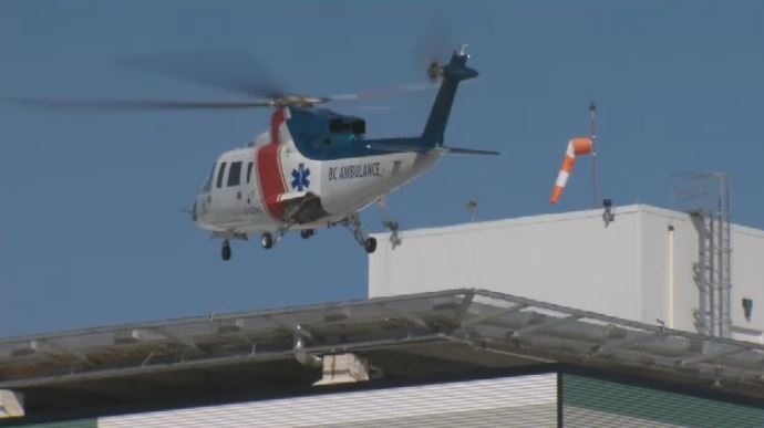 A BC Ambulance Service helicopter comes in for a landing at the North Island Hospital in Courtenay. July 17, 2018. (CTV Vancouver Island)