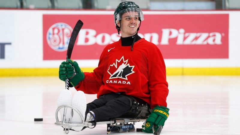 Ryan Straschnitzki takes to the ice to practice his sledge hockey skills in Calgary on Tuesday, August 7, 2018. Straschnitzki was injured in the Humboldt Broncos bus crash. THE CANADIAN PRESS/Todd Korol