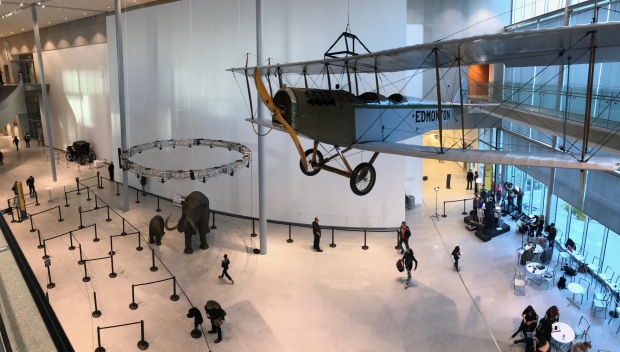 A panoramic image shows the Royal Alberta Museum lobby, with  the CTV News set on the right side. CTV News at 5 and 6 broadcasted live from the lobby on opening day, October 3, 2018.