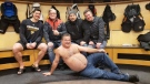 Hockey player Sydney Crosby, left, hangs out with cast members from the "Trailer Park Boys" in the Pittsburgh Penguins locker room. (MSmithBubbles/ Twitter)