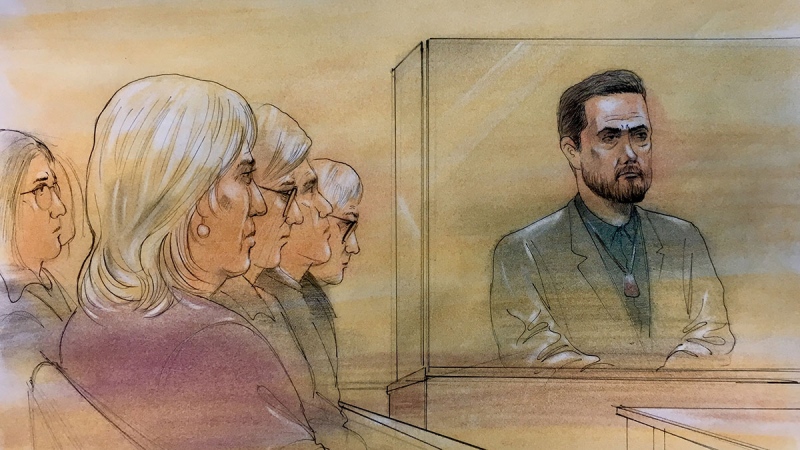 Convicted murderer Dellen Millard, right, is pictured in this court sketch, Tuesday, Dec. 18, 2018.