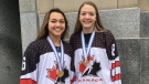 Nicole Gosling, left, and Julia Gosling, members of Canada's Under 18 hockey team, speak in London, Ont. on Tuesday, Jan. 15, 2019. (Brent Lale / CTV London)