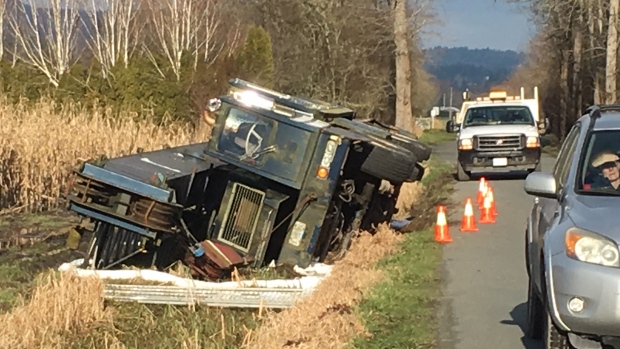 Crane truck slides into ditch in Central Saanich | CTV News