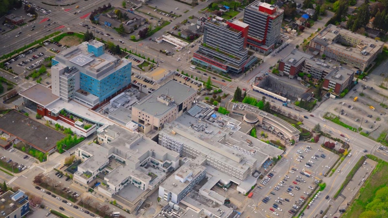 The Surrey Memorial Hospital campus is seen from the air in CTV News Vancouver's Chopper 9 in April 2019. (Gary Barndt / CTV News Vancouver)