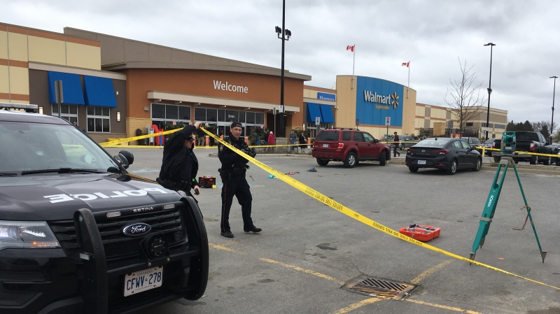 Stratford Police investigate a hit-and-run at a Walmart parking lot in Stratford, Ont. on Sunday, May 12, 2019.