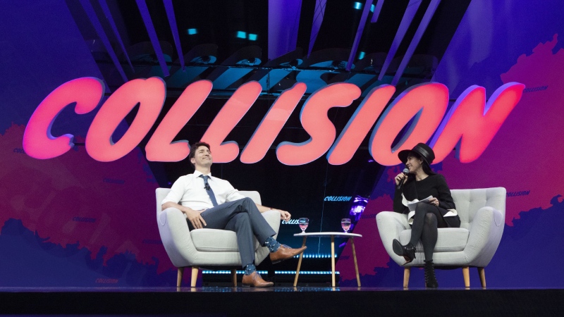 Prime Minister Justin Trudeau participates in an armchair discussion with founder and CEO of BroadbandTV Corp. Shahrfad Rafaiti at the Collision and Web Summit in Toronto on Monday, May 20, 2019. THE CANADIAN PRESS/Chris Young