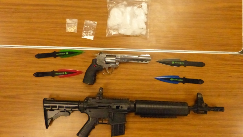 Methamphetamine, cocaine and weapons seized in Stratford, Ont. on Thursday, June 6, 2019 are seen in this image released by the Stratford Police Service.