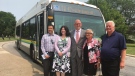 Kingsville Mayor Nelson Santos (left) joins St. Clair College President Patti France, Windsor Mayor Drew Dilkens, Leamington Mayor Hilda MacDonald and Essex Mayor Larry Snively at the launch of the regional transit service on July 8, 2019. ( Bob Bellacicco / CTV Windsor )