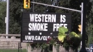 A sign reminds people that Western University's campus is now smoke-free in London, Ont. on Thursday, Aug. 29, 2019. (Sean Irvine / CTV London)