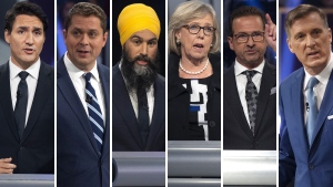 Justin Trudeau, Andrew Scheer, Jagmeet Singh, Elizabeth May, Yves-Francois Blanchet and Maxime Bernier are pictured in this composite image. 