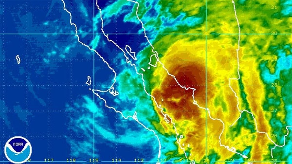This NOAA satellite image shows Hurricane Jimena moving through southern Baja California, Mexico, at 6:30 a.m. ET on Thursday, Sept. 3, 2009.