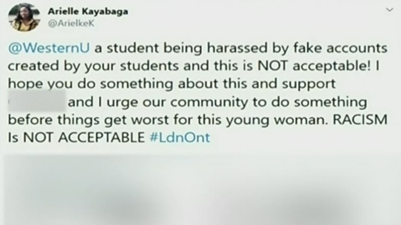 A Tweet from London city Councillor Arielle Kayabaga speaks out in support of a Western University student targeted by racist emails. (@ArielkeK / Twitter)