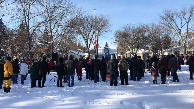 A snowy outdoor Remembrance Day ceremony was held at Edmonton's historic Calder Cenotaph. Nov. 11, 2019. (John Hanson/CTV News Edmonton)