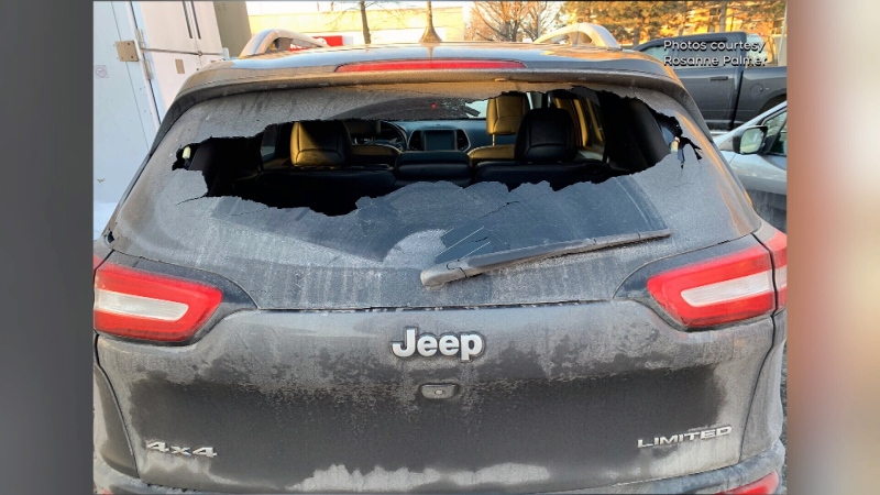 Ottawa resident Rosanne Palmer says her rear windshield was smashed by a piece of ice as she waited at a Tim Hortons drive-thru on Friday. (Courtesy: Rosanne Palmer)