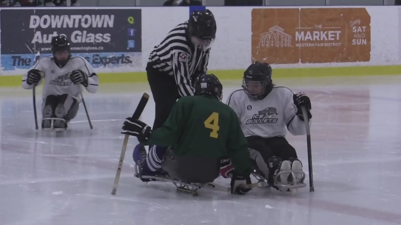 The Elgin Imperial sledge hockey team takes the ice. (Brent Lale / CTV London)