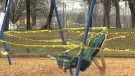 Caution tape surrounds a playground in London, Ont. amid COVID-19 fears on March 28, 2020. (Jordyn Read/CTV London)