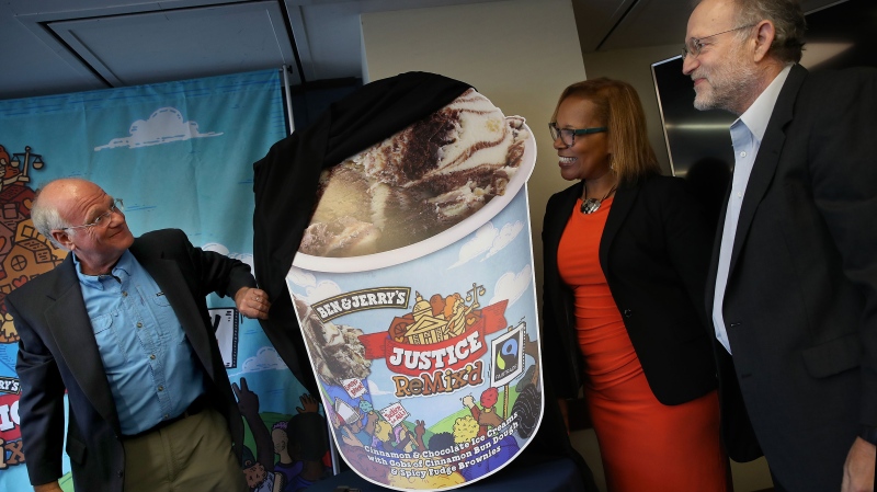 Ben & Jerry's co-founders Ben Cohen (left) and Jerry Greenfield unveil Justice Remix'd. (Win McNamee/Getty Images)