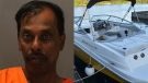 Shanthakumar Kandiah is seen on the left and a yellow and white Rinker power boat is seen on the right of this composite image. (Toronto Police Service)