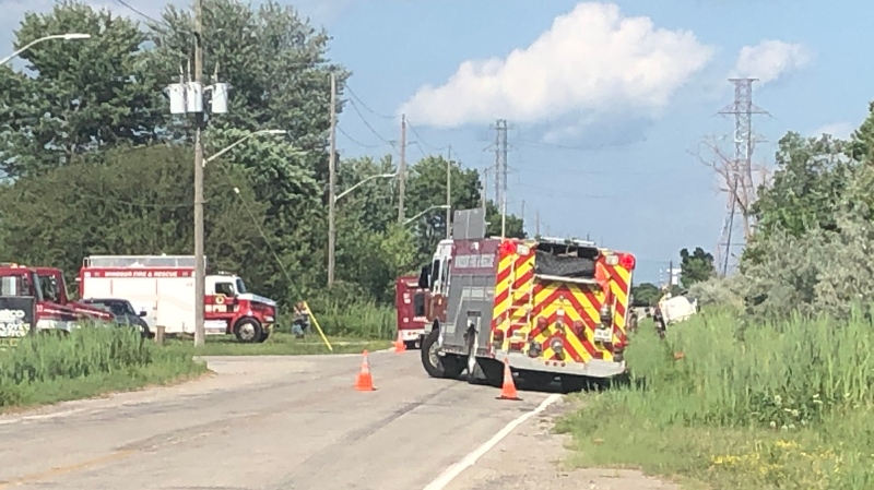 An overturned fuel truck closed North Service Road in Windsor, Ont. on Wednesday, July 2020 (Alana Hadadean/CTV Windsor)