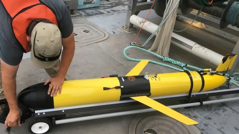 RAEON's autonomous underwater vehicle, The Cormorant, glider being deployed into Lake Erie. (courtesy University of Windsor)