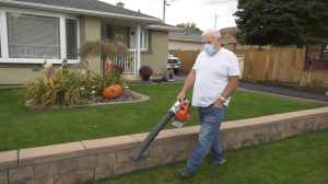CTV News caught up with Claude Robitaille and his wife Ann as they were using the leaf-blower to clear their front yard. Oct. 10/20 (Ian Campbell/CTV News Northern Ontario)